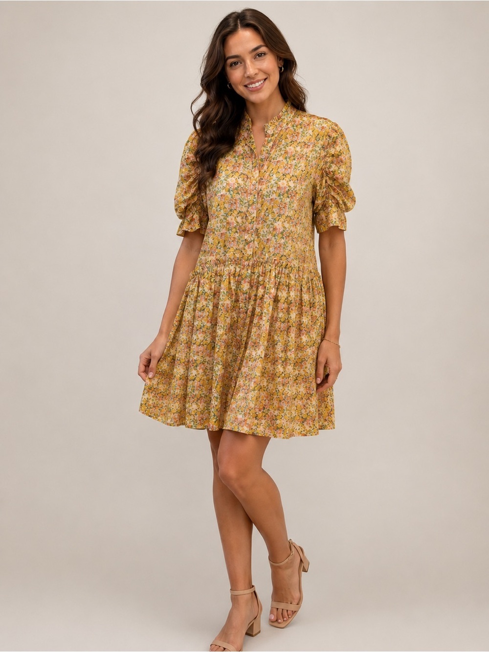 Taylor Tillman Smocked Floral Mini Dress in Mustard